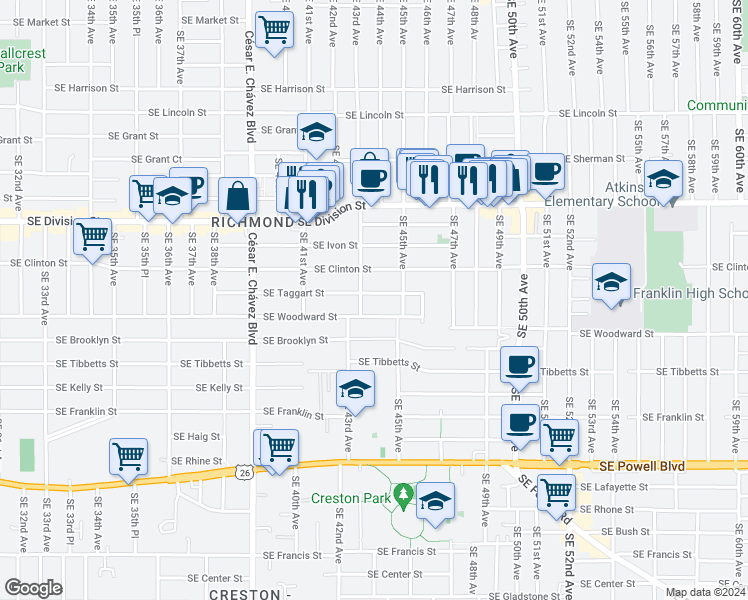 map of restaurants, bars, coffee shops, grocery stores, and more near 4318 Southeast Taggart Street in Portland