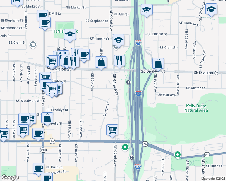 map of restaurants, bars, coffee shops, grocery stores, and more near 9112 Southeast Clinton Street in Portland
