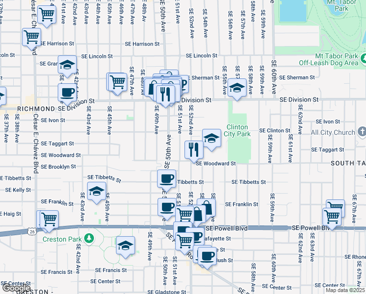 map of restaurants, bars, coffee shops, grocery stores, and more near 2820 Southeast 51st Avenue in Portland