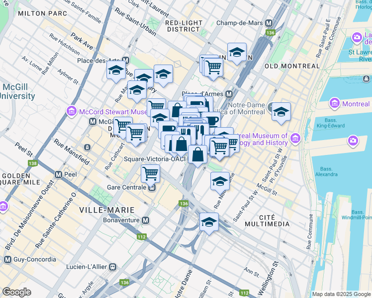 map of restaurants, bars, coffee shops, grocery stores, and more near 495 Avenue Viger Ouest in Montréal