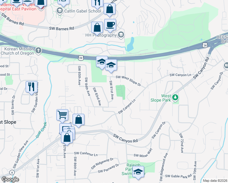 map of restaurants, bars, coffee shops, grocery stores, and more near 2400 Southwest 81st Avenue in Portland