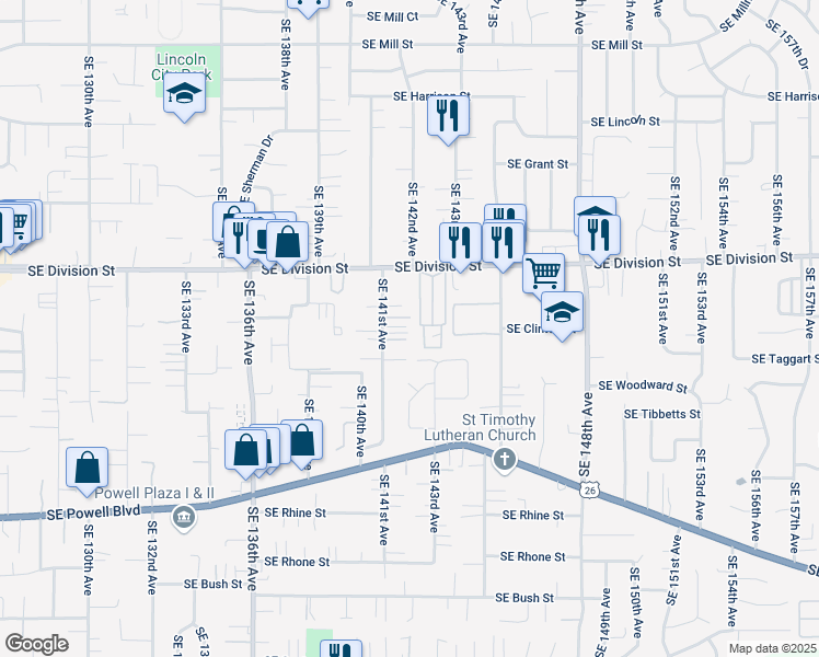 map of restaurants, bars, coffee shops, grocery stores, and more near 2710 Southeast 141st Avenue in Portland