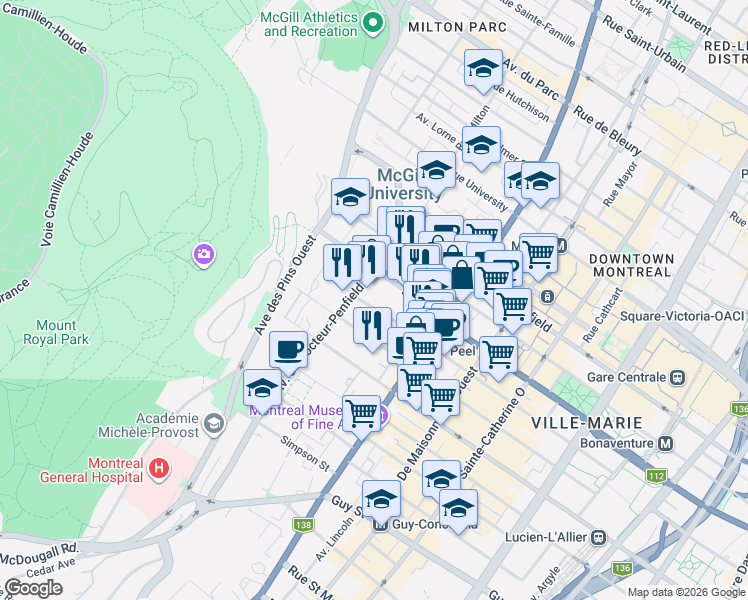 map of restaurants, bars, coffee shops, grocery stores, and more near 3487 Rue Stanley in Montréal