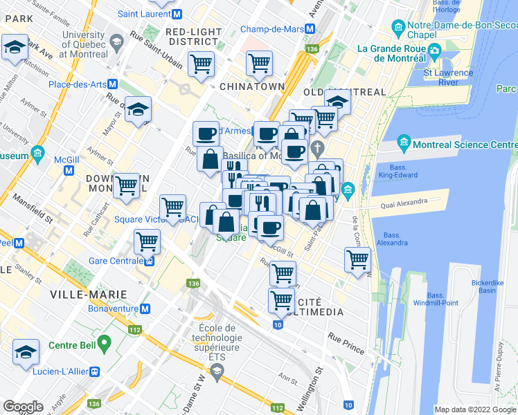 map of restaurants, bars, coffee shops, grocery stores, and more near 363 Rue Saint-Jacques in Montréal