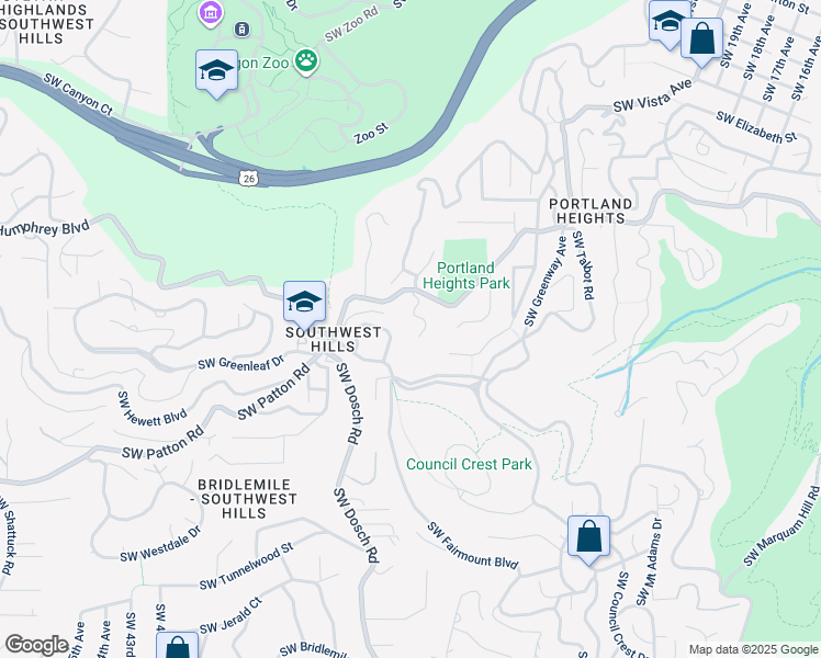 map of restaurants, bars, coffee shops, grocery stores, and more near 2801 Southwest Patton Lane in Portland