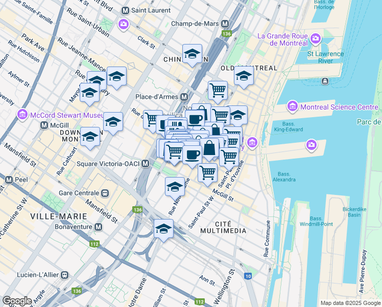 map of restaurants, bars, coffee shops, grocery stores, and more near 360 Rue Saint-Jacques in Montréal