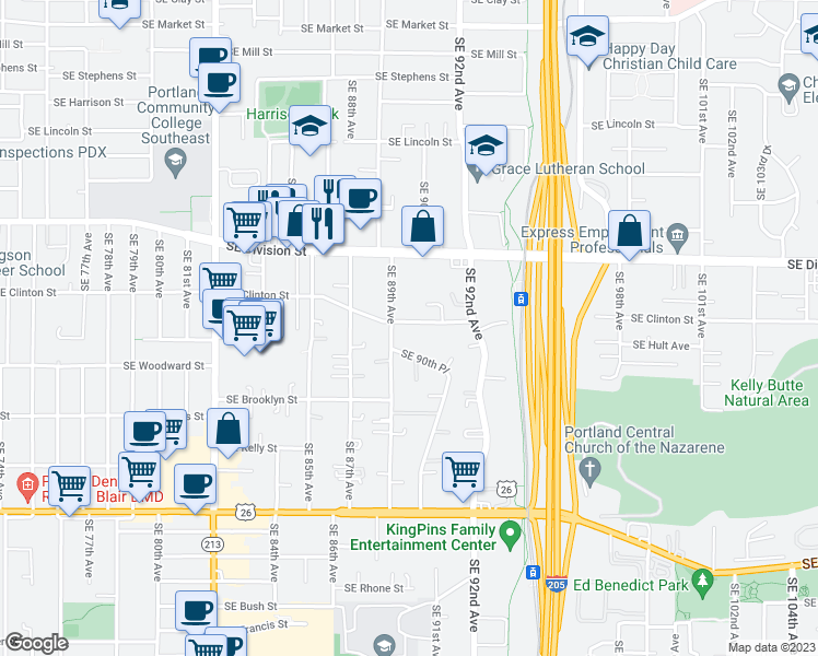 map of restaurants, bars, coffee shops, grocery stores, and more near 8930 Southeast Clinton Street in Portland