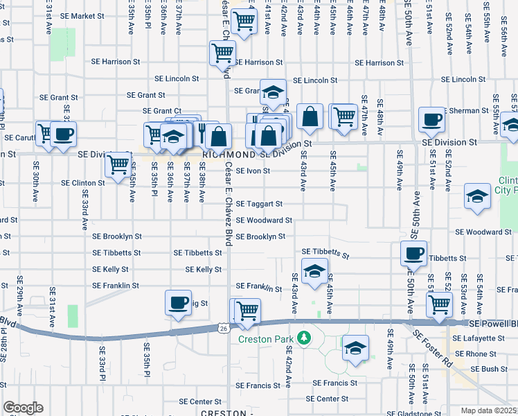 map of restaurants, bars, coffee shops, grocery stores, and more near 2809 Southeast 41st Avenue in Portland
