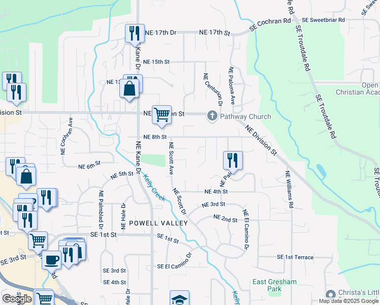 map of restaurants, bars, coffee shops, grocery stores, and more near 3682 Northeast 7th Court in Gresham