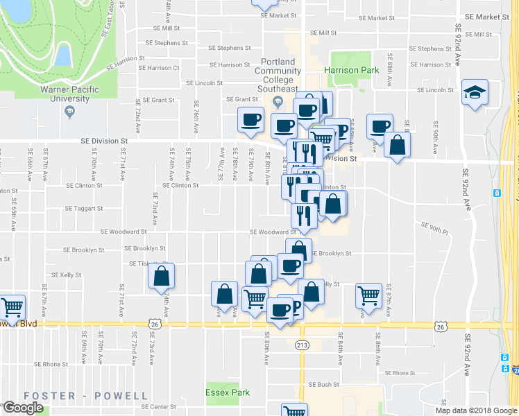 map of restaurants, bars, coffee shops, grocery stores, and more near 7921-7923 Southeast Taggart Court in Portland