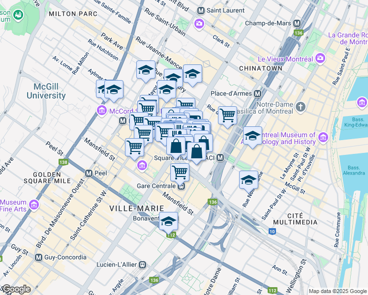 map of restaurants, bars, coffee shops, grocery stores, and more near in Montreal