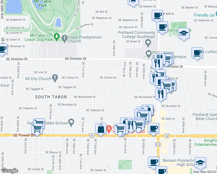 map of restaurants, bars, coffee shops, grocery stores, and more near 2801 Southeast 75th Avenue in Portland