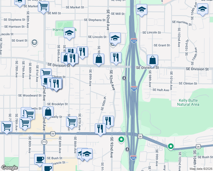 map of restaurants, bars, coffee shops, grocery stores, and more near 9112 Southeast Clinton Street in Portland
