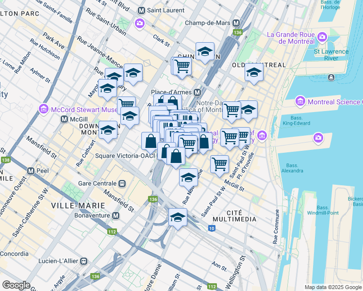 map of restaurants, bars, coffee shops, grocery stores, and more near 1000 Place Jean-Paul-Riopelle in Montréal