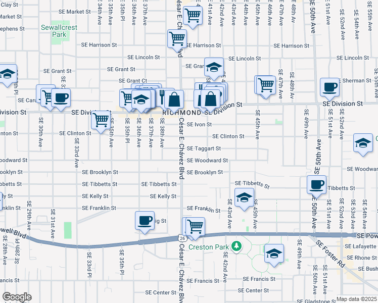 map of restaurants, bars, coffee shops, grocery stores, and more near 3926 Southeast Taggart Street in Portland