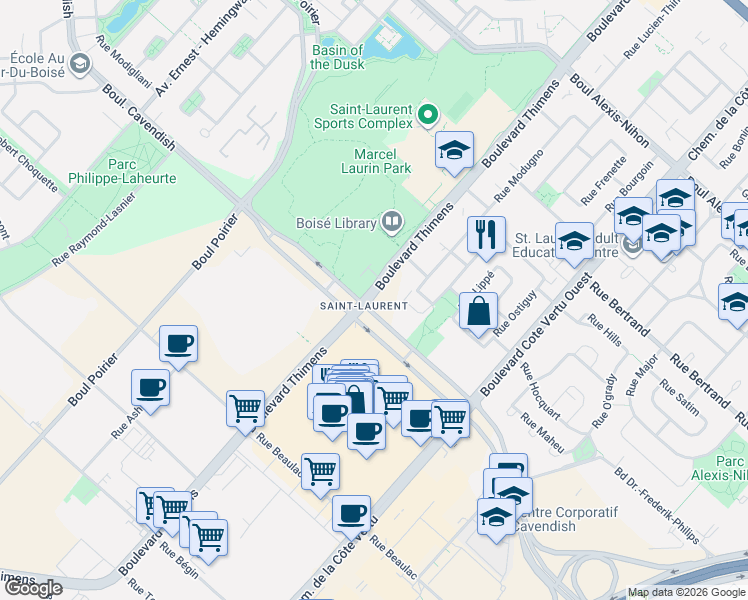 map of restaurants, bars, coffee shops, grocery stores, and more near 3000 Boulevard Thimens in Montreal