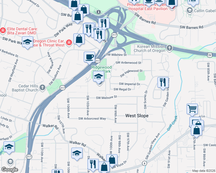 map of restaurants, bars, coffee shops, grocery stores, and more near 2435 Southwest Burbank Avenue in Portland