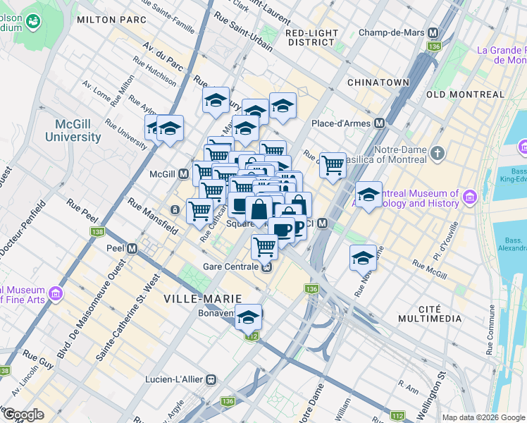 map of restaurants, bars, coffee shops, grocery stores, and more near 1188 Avenue Union in Montrã©Al