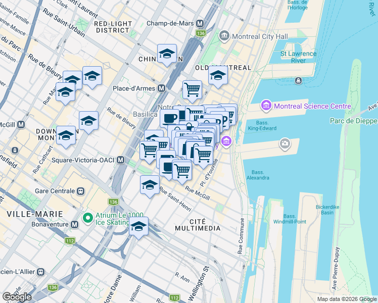 map of restaurants, bars, coffee shops, grocery stores, and more near 460 Rue Saint-Jean in Montréal