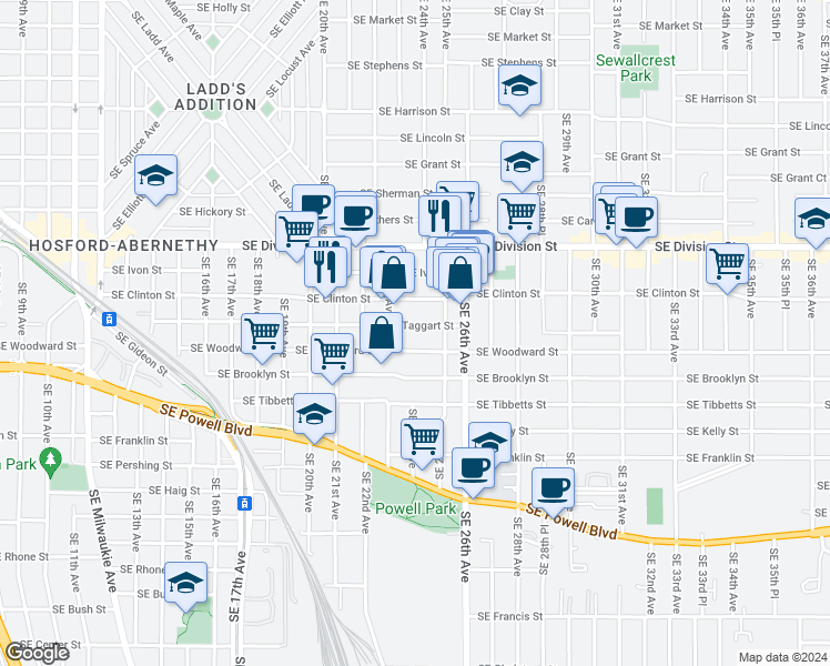 map of restaurants, bars, coffee shops, grocery stores, and more near 2346 Southeast Taggart Street in Portland