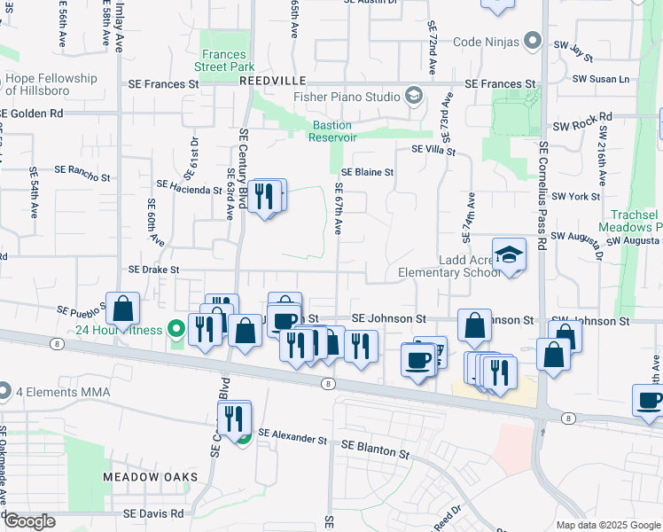 map of restaurants, bars, coffee shops, grocery stores, and more near 2297 Southeast 67th Avenue in Hillsboro