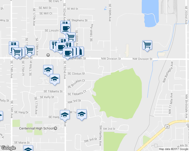 map of restaurants, bars, coffee shops, grocery stores, and more near 18640 Southeast Clinton Street in Gresham