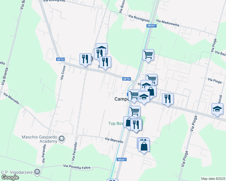 map of restaurants, bars, coffee shops, grocery stores, and more near 20 Via Ferraries in Campodarsego