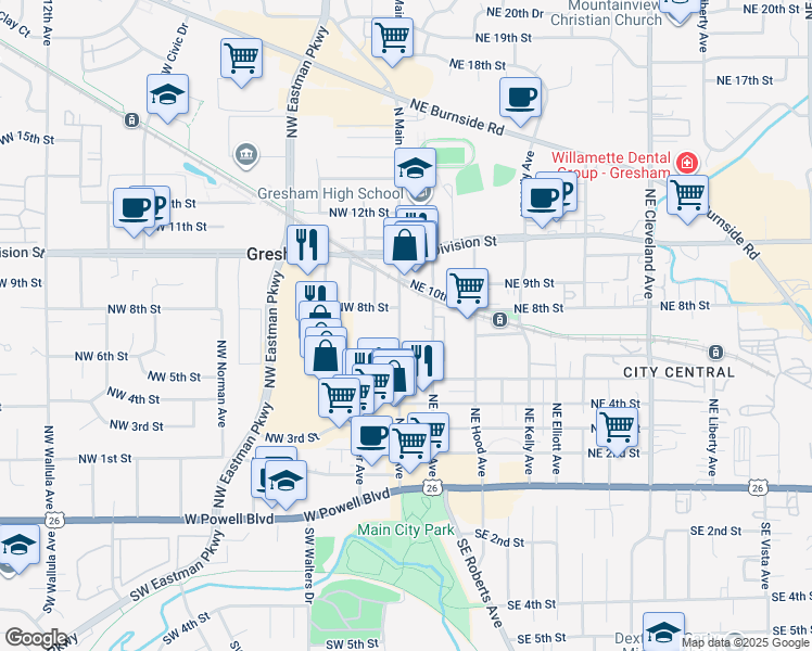 map of restaurants, bars, coffee shops, grocery stores, and more near 701 North Main Avenue in Gresham