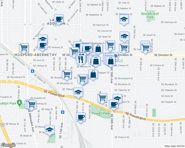 map of restaurants, bars, coffee shops, grocery stores, and more near 2226 Southeast Taggart Street in Portland