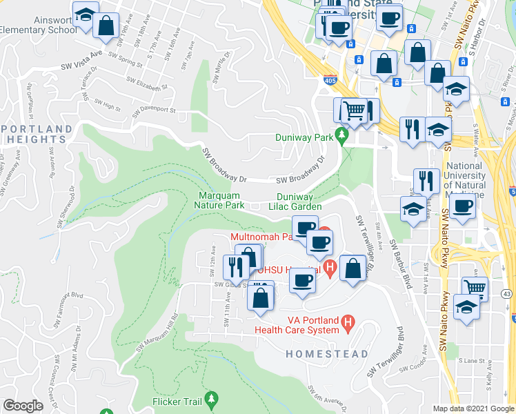 map of restaurants, bars, coffee shops, grocery stores, and more near 2830 Southwest Sam Jackson Park Road in Portland