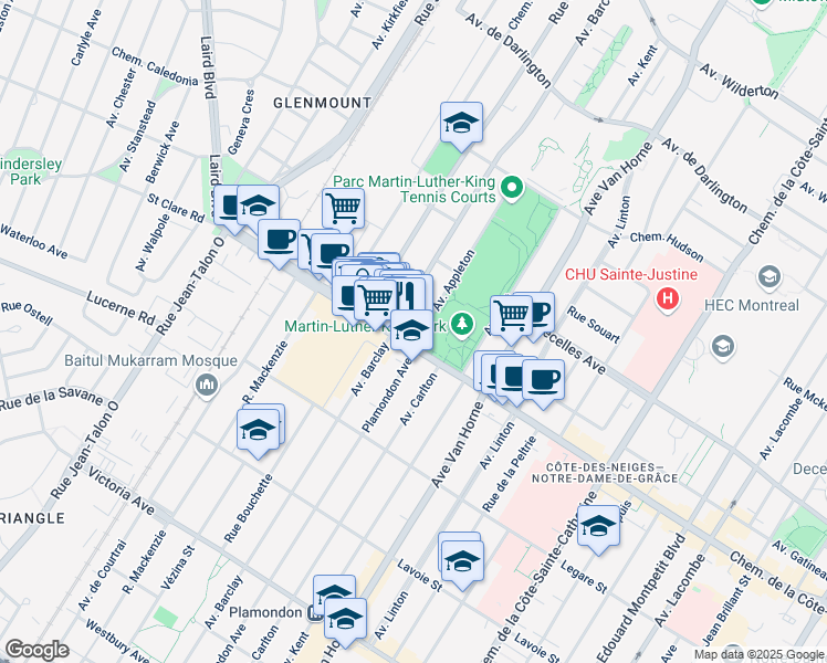 map of restaurants, bars, coffee shops, grocery stores, and more near 3593 Avenue Appleton in Montréal