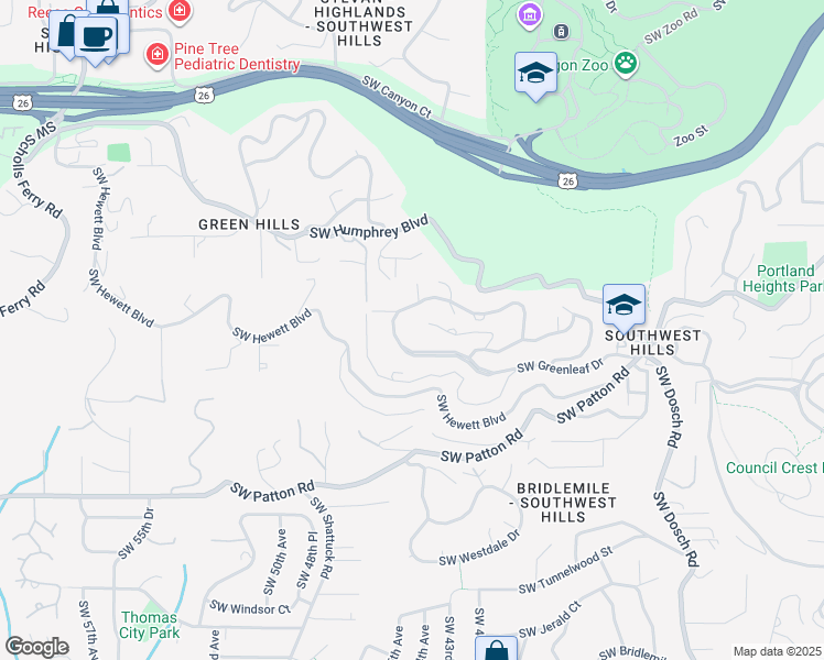 map of restaurants, bars, coffee shops, grocery stores, and more near 4474 Southwest Arthur Way in Portland