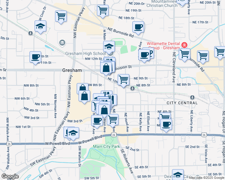 map of restaurants, bars, coffee shops, grocery stores, and more near 719 Northeast Roberts Avenue in Gresham