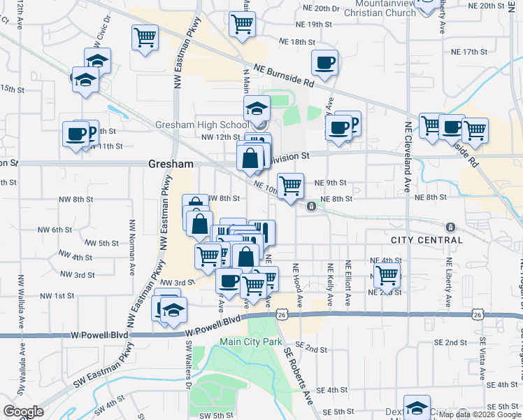 map of restaurants, bars, coffee shops, grocery stores, and more near 719 Northeast Roberts Avenue in Gresham