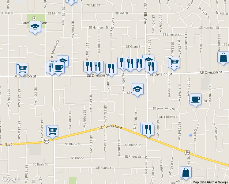 map of restaurants, bars, coffee shops, grocery stores, and more near 2609 Southeast 145th Avenue in Portland