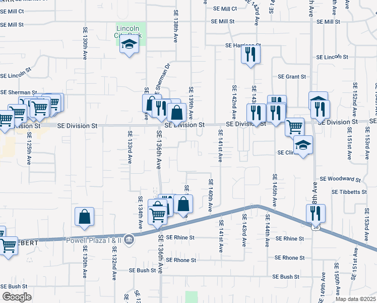 map of restaurants, bars, coffee shops, grocery stores, and more near 2702 Southeast 138th Avenue in Portland
