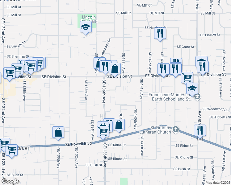 map of restaurants, bars, coffee shops, grocery stores, and more near 2702 Southeast 138th Avenue in Portland