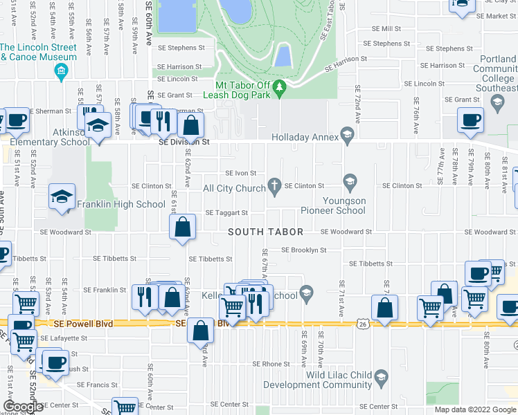 map of restaurants, bars, coffee shops, grocery stores, and more near 2749 Southeast 67th Avenue in Portland