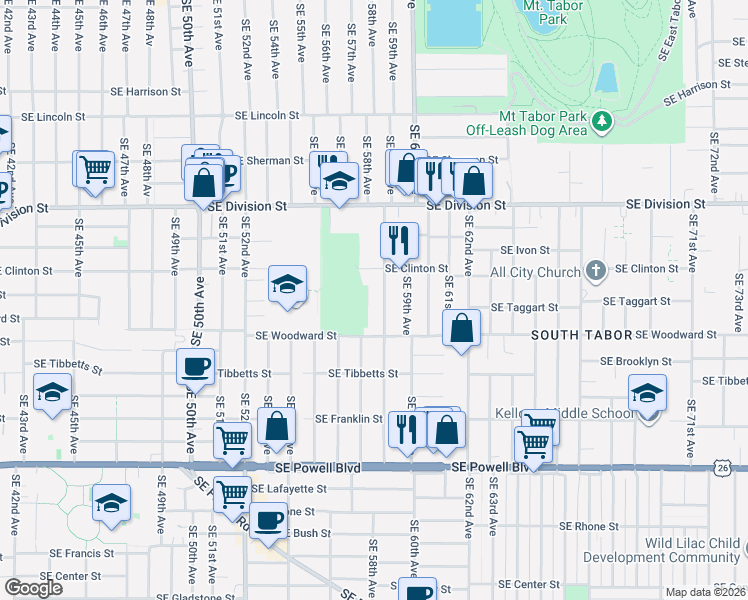 map of restaurants, bars, coffee shops, grocery stores, and more near 2801 Southeast 58th Avenue in Portland