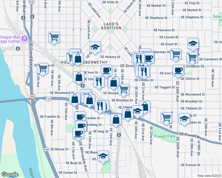 map of restaurants, bars, coffee shops, grocery stores, and more near in Portland