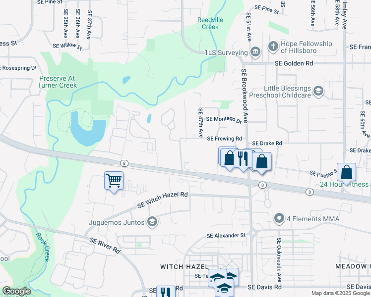 map of restaurants, bars, coffee shops, grocery stores, and more near 2299 Southeast 45th Avenue in Hillsboro