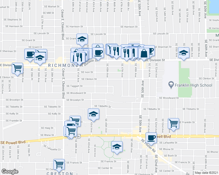 map of restaurants, bars, coffee shops, grocery stores, and more near 2806 Southeast 45th Avenue in Portland