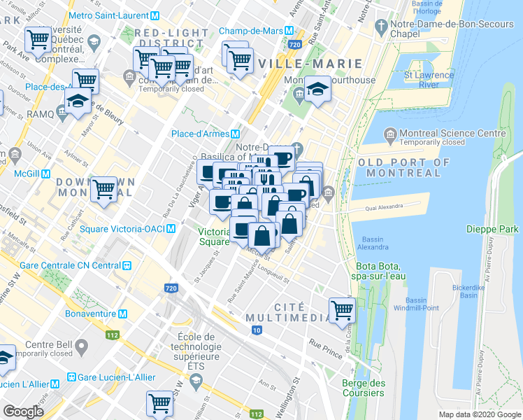 map of restaurants, bars, coffee shops, grocery stores, and more near 288 Rue Notre-Dame Ouest in Montréal