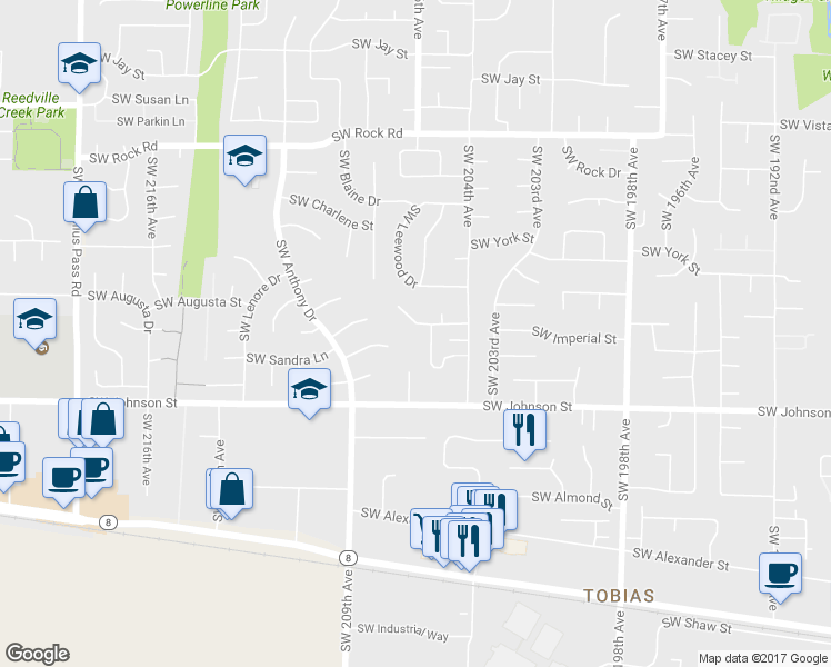 map of restaurants, bars, coffee shops, grocery stores, and more near 20618 Southwest Imperial Lane in Beaverton