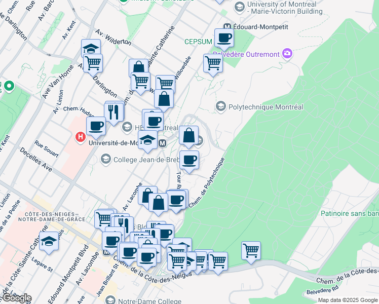 map of restaurants, bars, coffee shops, grocery stores, and more near 2900 Edouard Montpetit Boulevard in Montreal