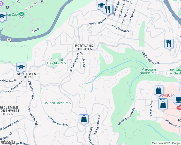 map of restaurants, bars, coffee shops, grocery stores, and more near 2534 Southwest Arden Road in Portland