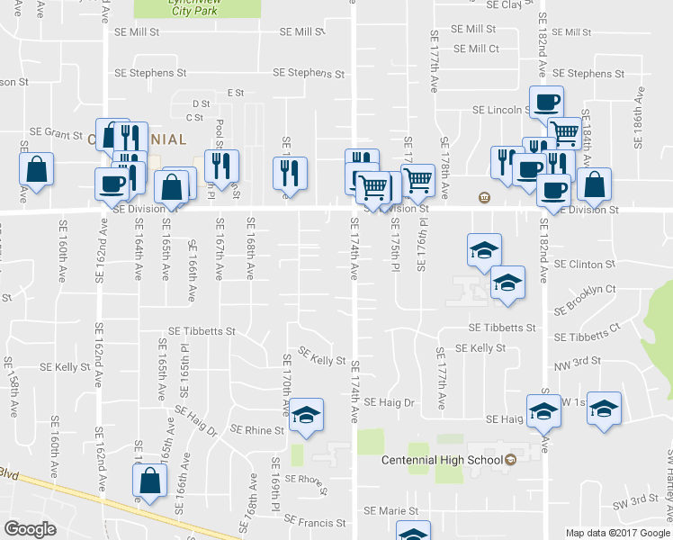 map of restaurants, bars, coffee shops, grocery stores, and more near 2751 Southeast 174th Avenue in Portland