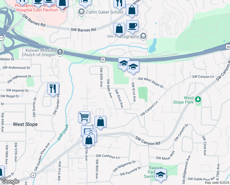 map of restaurants, bars, coffee shops, grocery stores, and more near 2375 Southwest 83rd Avenue in Portland
