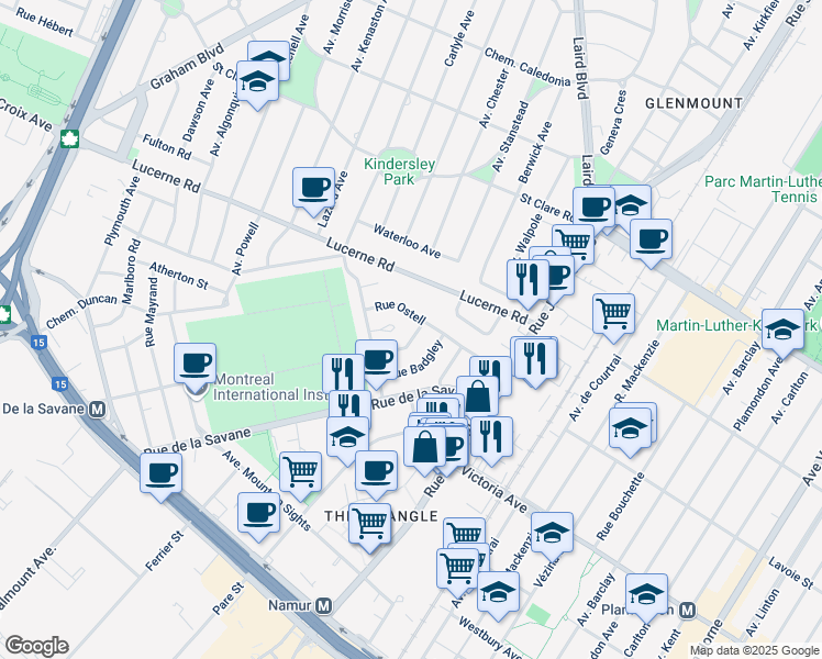 map of restaurants, bars, coffee shops, grocery stores, and more near 4137 Rue Braille in Montréal
