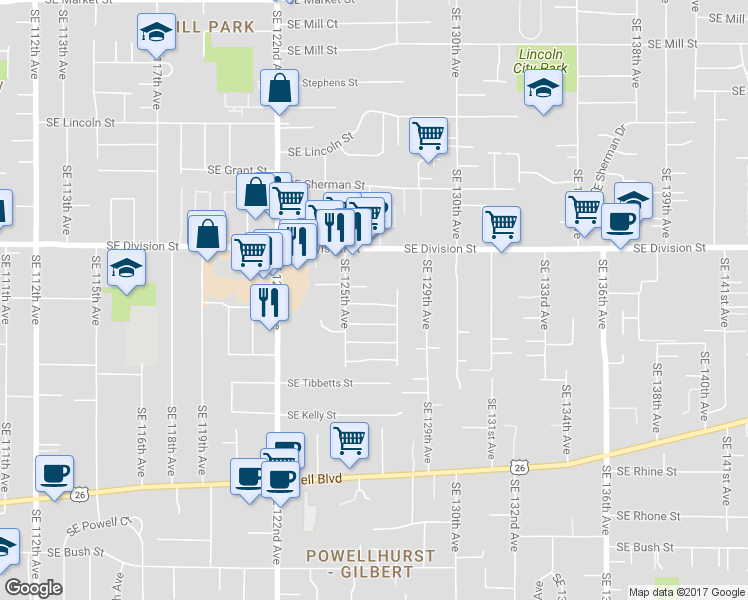 map of restaurants, bars, coffee shops, grocery stores, and more near 12611 Southeast Clinton Court in Portland